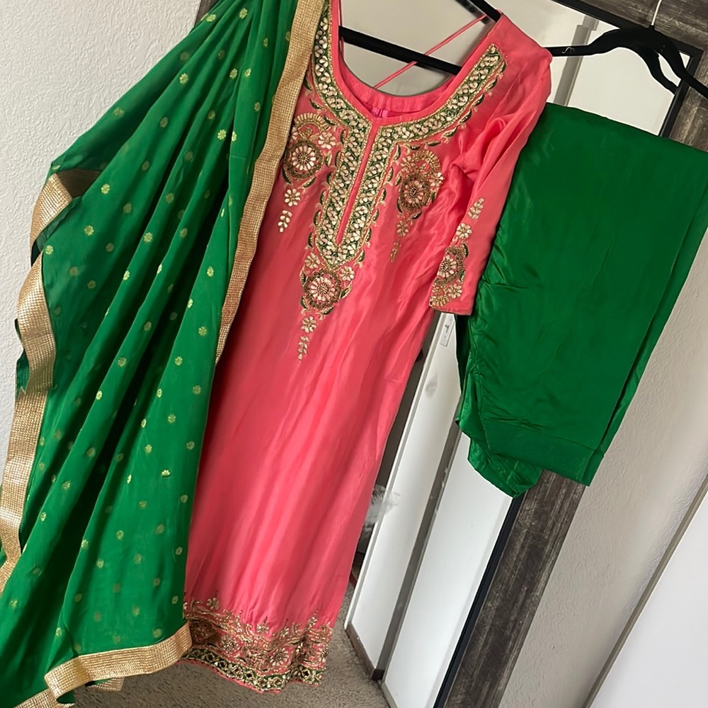 Beautiful brand new silk Indian suit Salwaar peach and green color combination